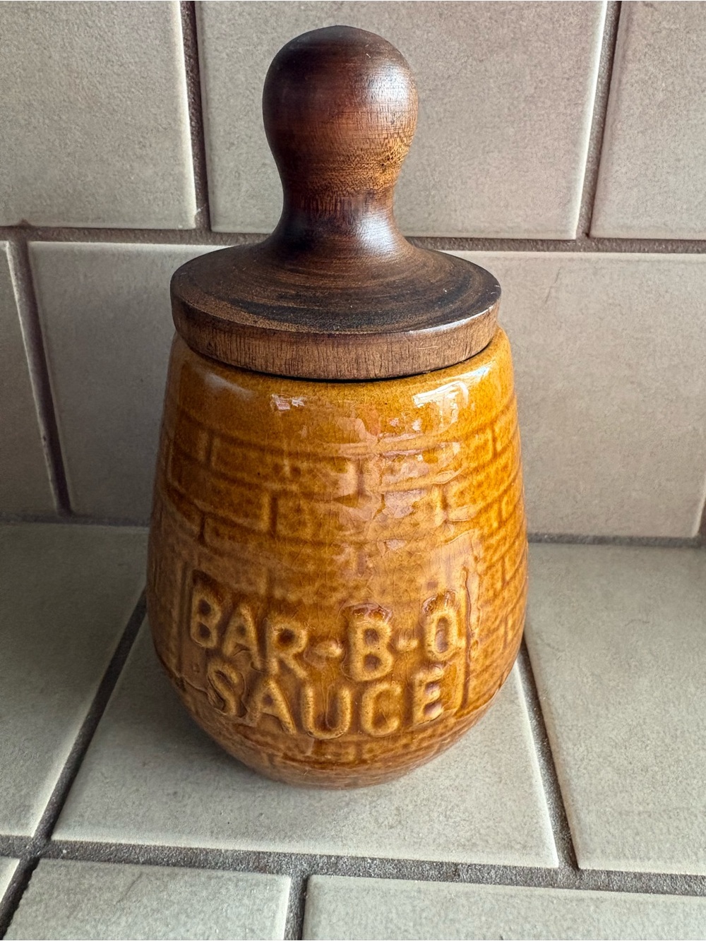 Vintage 70s Ceramic BBQ Sauce Pot Jar with Basting Brush Lid MCM